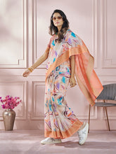 India Silk White And Orange Boder Fancy Fabric offers a luxurious blend of texture and color, perfect for adding elegance